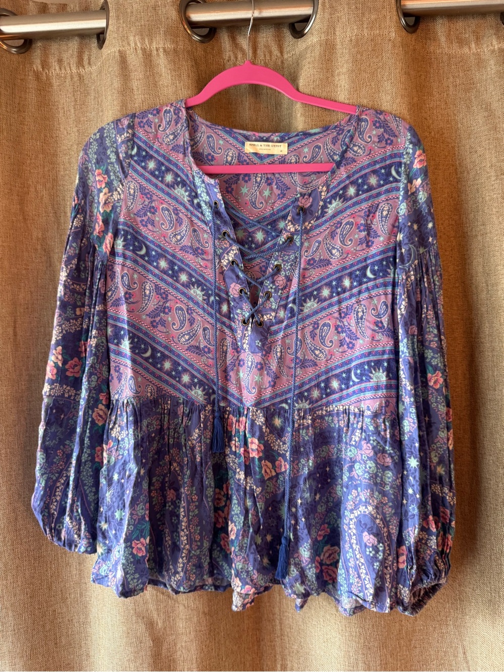 Spell City Lights Lace-Up Boho Blouse in Purple and Pink Paisley